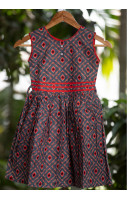 Contrast Color Piping Border Design Printed Cotton Kids Dress (KR1189)